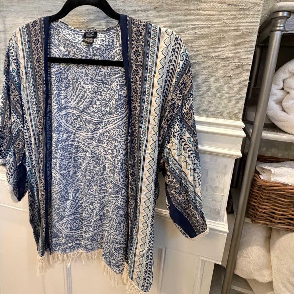 One size Anthropologie roffe kimono cardigan top blue white print paisley tassle - Picture 5 of 9